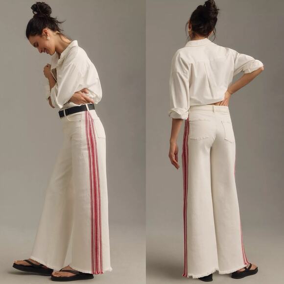 Pilcro Denim - Anthropologie Pilcro Dishtowel Stripe Mid-Rise Wide-Leg Jeans Womens 32 Ivory